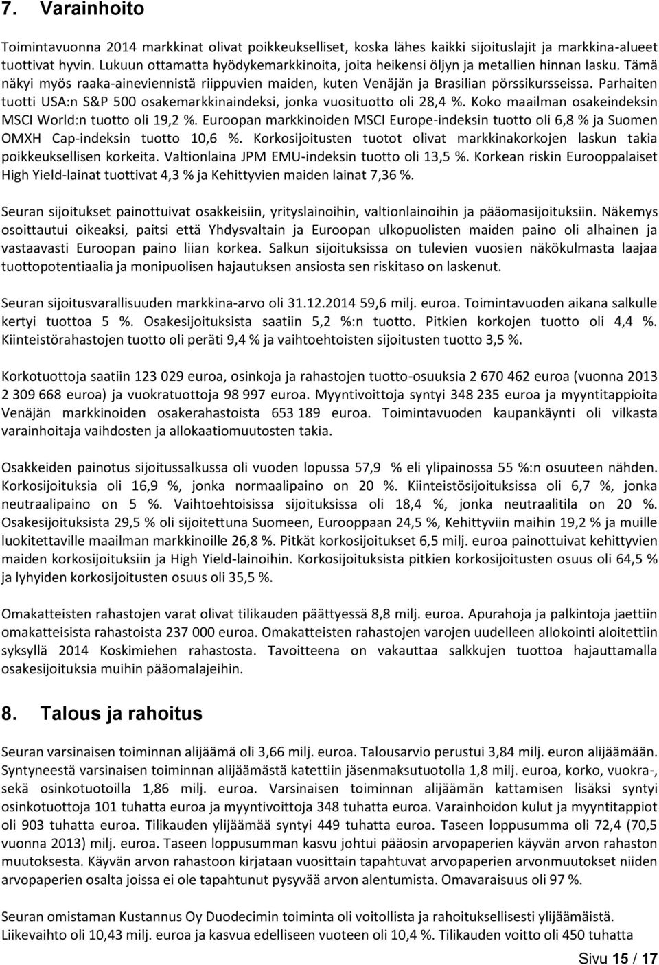 Parhaiten tuotti USA:n S&P 500 osakemarkkinaindeksi, jonka vuosituotto oli 28,4 %. Koko maailman osakeindeksin MSCI World:n tuotto oli 19,2 %.