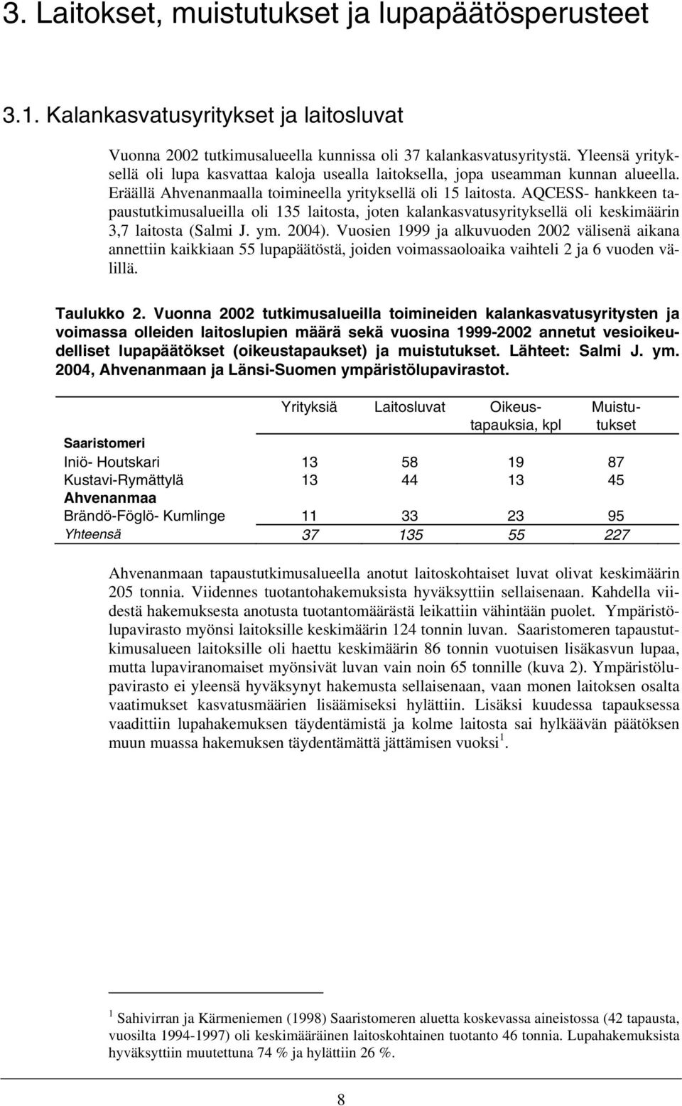 AQCESS- hankkeen tapaustutkimusalueilla oli 135 laitosta, joten kalankasvatusyrityksellä oli keskimäärin 3,7 laitosta (Salmi J. ym. 2004).