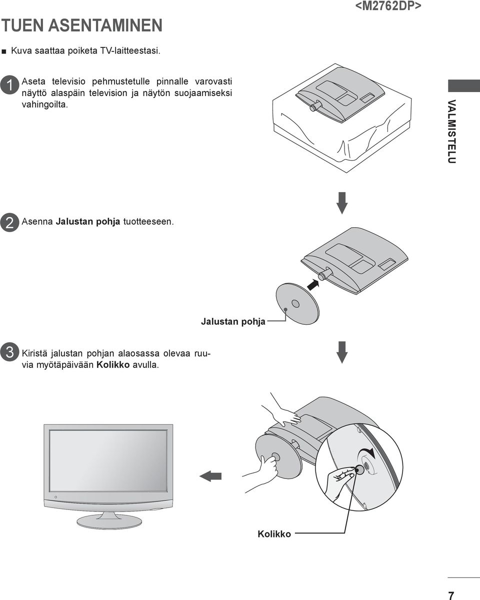 näytön suojaamiseksi vahingoilta. VALMISTELU Asenna Jalustan pohja tuotteeseen.