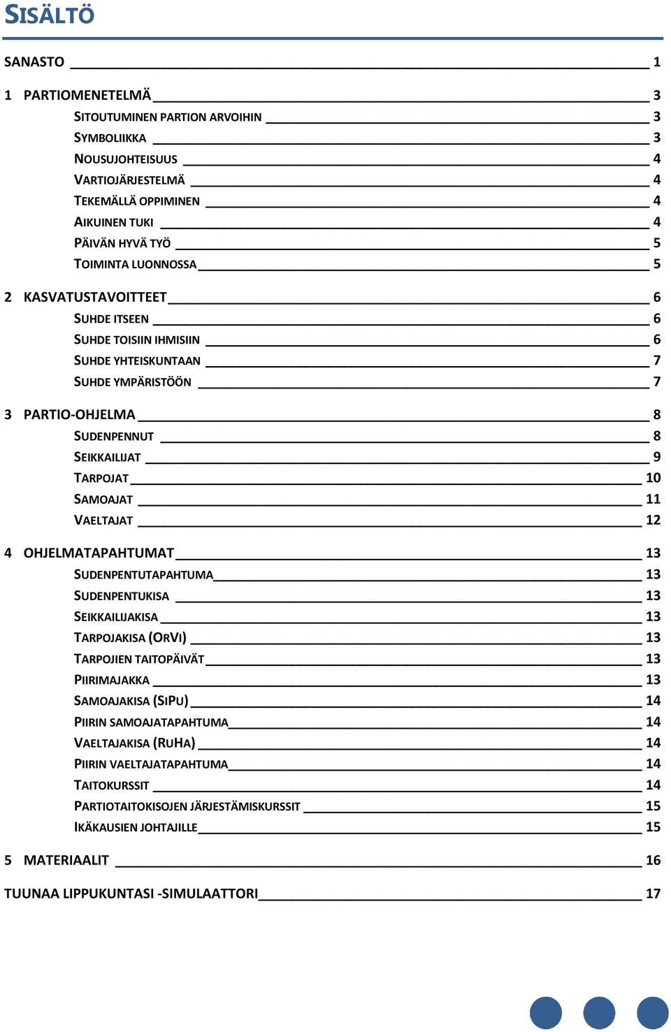 VAELTAJAT 12 4 OHJELMATAPAHTUMAT 13 SUDENPENTUTAPAHTUMA 13 SUDENPENTUKISA 13 SEIKKAILIJAKISA 13 TARPOJAKISA (ORVI) 13 TARPOJIEN TAITOPÄIVÄT 13 PIIRIMAJAKKA 13 SAMOAJAKISA (SIPU) 14 PIIRIN