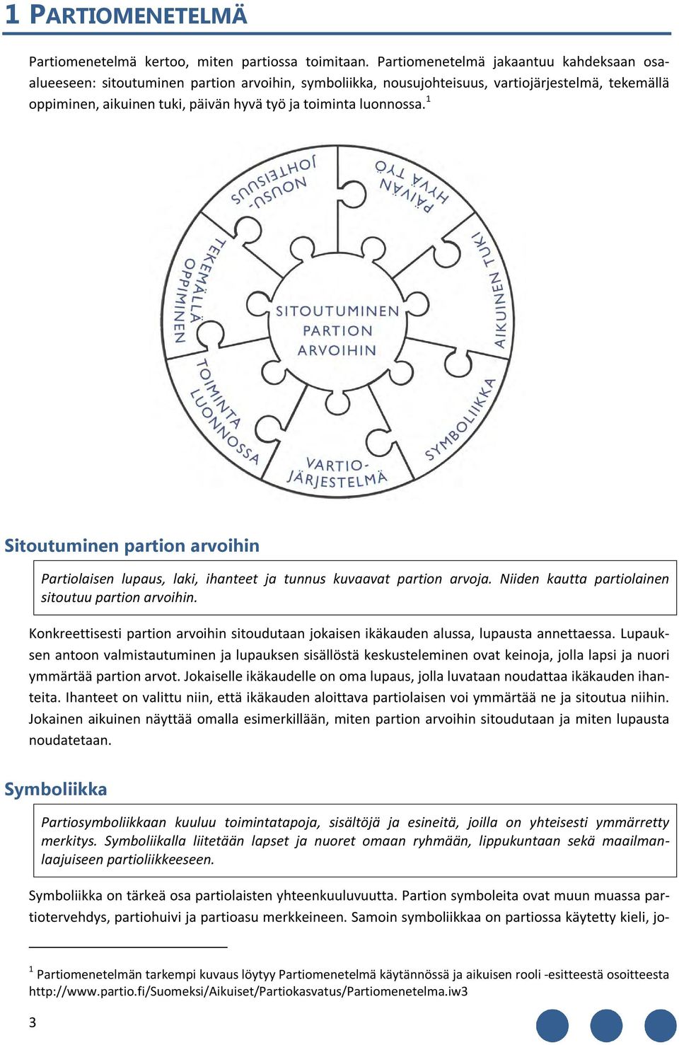 luonnossa. 1 Sitoutuminen partion arvoihin Partiolaisen lupaus, laki, ihanteet ja tunnus kuvaavat partion arvoja. Niiden kautta partiolainen sitoutuu partion arvoihin.