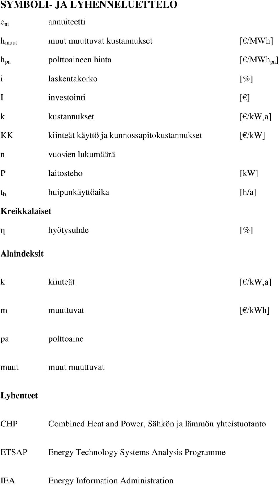 huipunkäyttöaika [h/a] Kreikkalaiset η hyötysuhde [%] Alaindeksit k kiinteät [ /kw,a] m muuttuvat [ /kwh] pa polttoaine muut muut muuttuvat