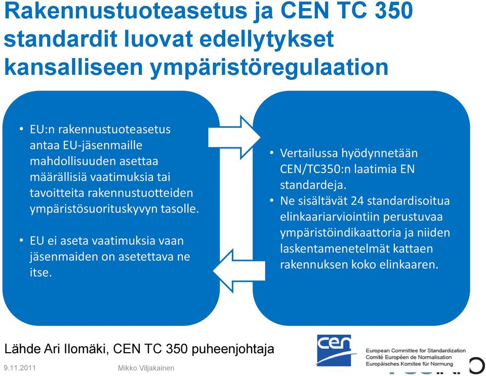 EU ei aseta vaatimuksia vaan jäsenmaiden on asetettava ne itse. Vertailussa hyödynnetään CEN/TC350:n laatimia EN standardeja.