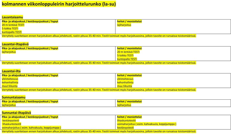 liikunta muu liikunta Sunnuntaiaamu Sunnuntai-iltapäivä