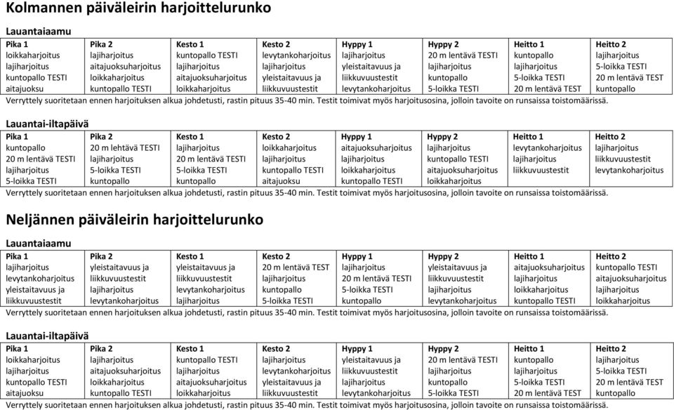 Neljännen päiväleirin harjoittelurunko Lauantaiaamu Pika 1 ja Pika 2 ja Kesto 1 ja Kesto 2 Hyppy 1 Hyppy 2 ja Heitto 1