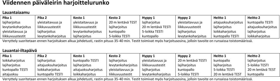 Heitto 1 Lauantai-iltapäivä Pika 1 Pika 2 aitajuoksu