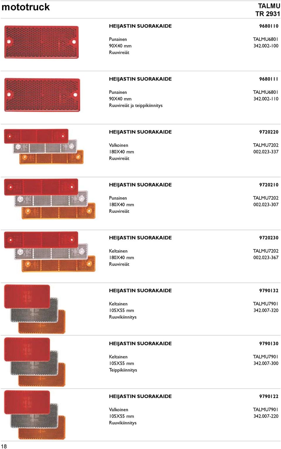 023-337 Ruuvireiät HEIJASTIN SUORAKAIDE 9720210 TALMU7202 180X40 mm 002.023-307 Ruuvireiät HEIJASTIN SUORAKAIDE 9720230 TALMU7202 180X40 mm 002.