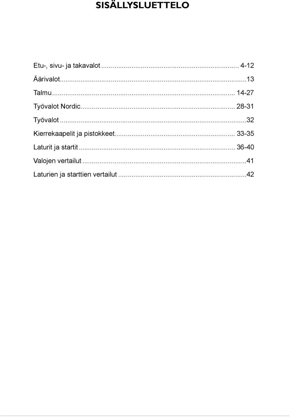 ..32 Kierrekaapelit ja pistokkeet... 33-35 Laturit ja startit.