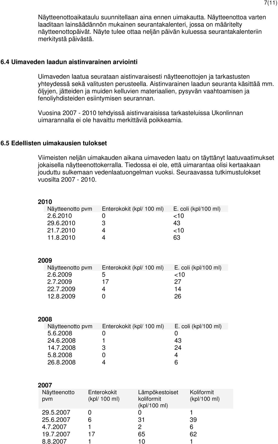 4 Uimaveden laadun aistinvarainen arviointi Uimaveden laatua seurataan aistinvaraisesti näytteenottojen ja tarkastusten yhteydessä sekä valitusten perusteella.