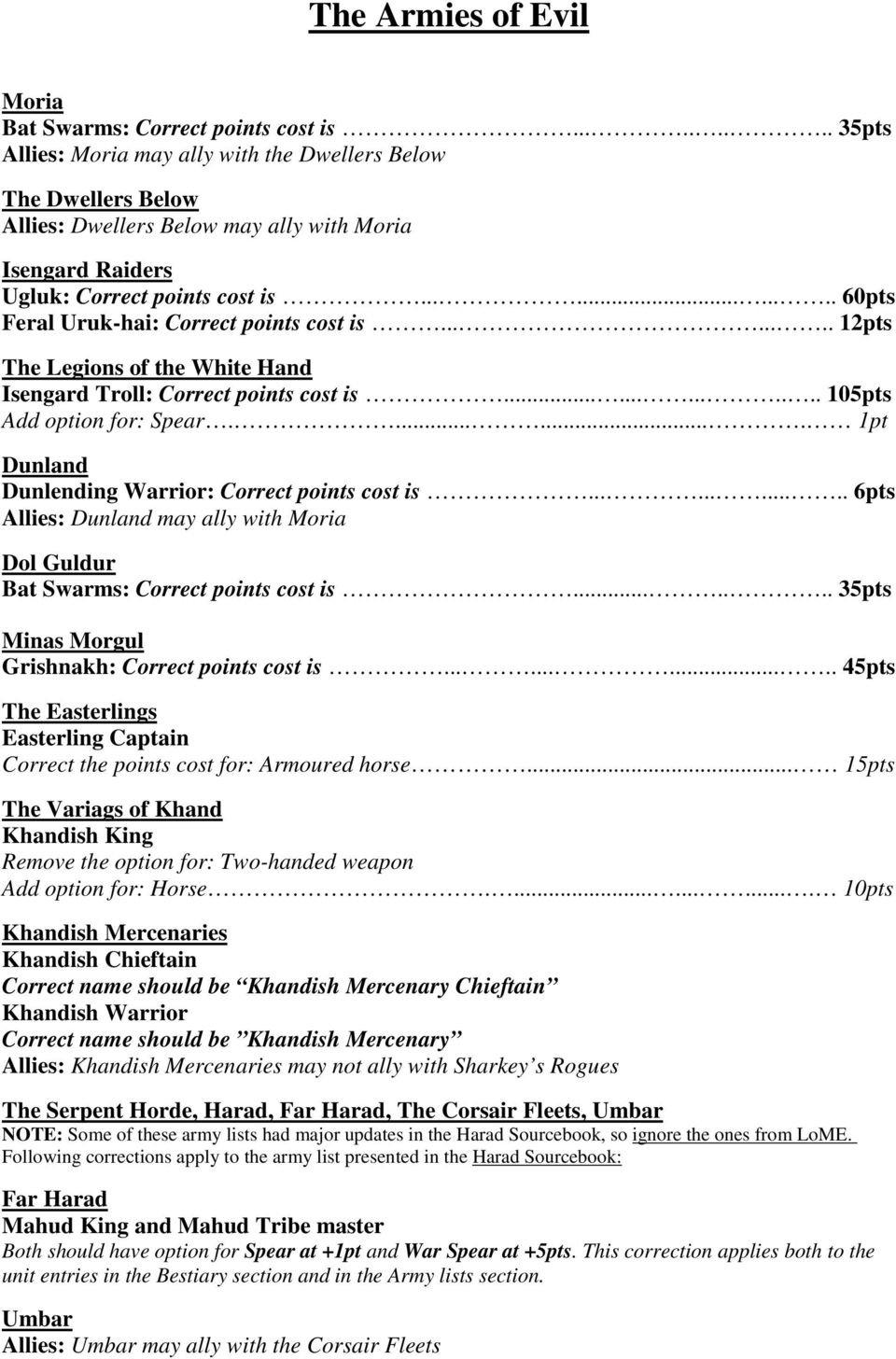 .......... 60pts Feral Uruk-hai: Correct points cost is........ 12pts The Legions of the White Hand Isengard Troll: Correct points cost is............. 105pts Add option for: Spear.