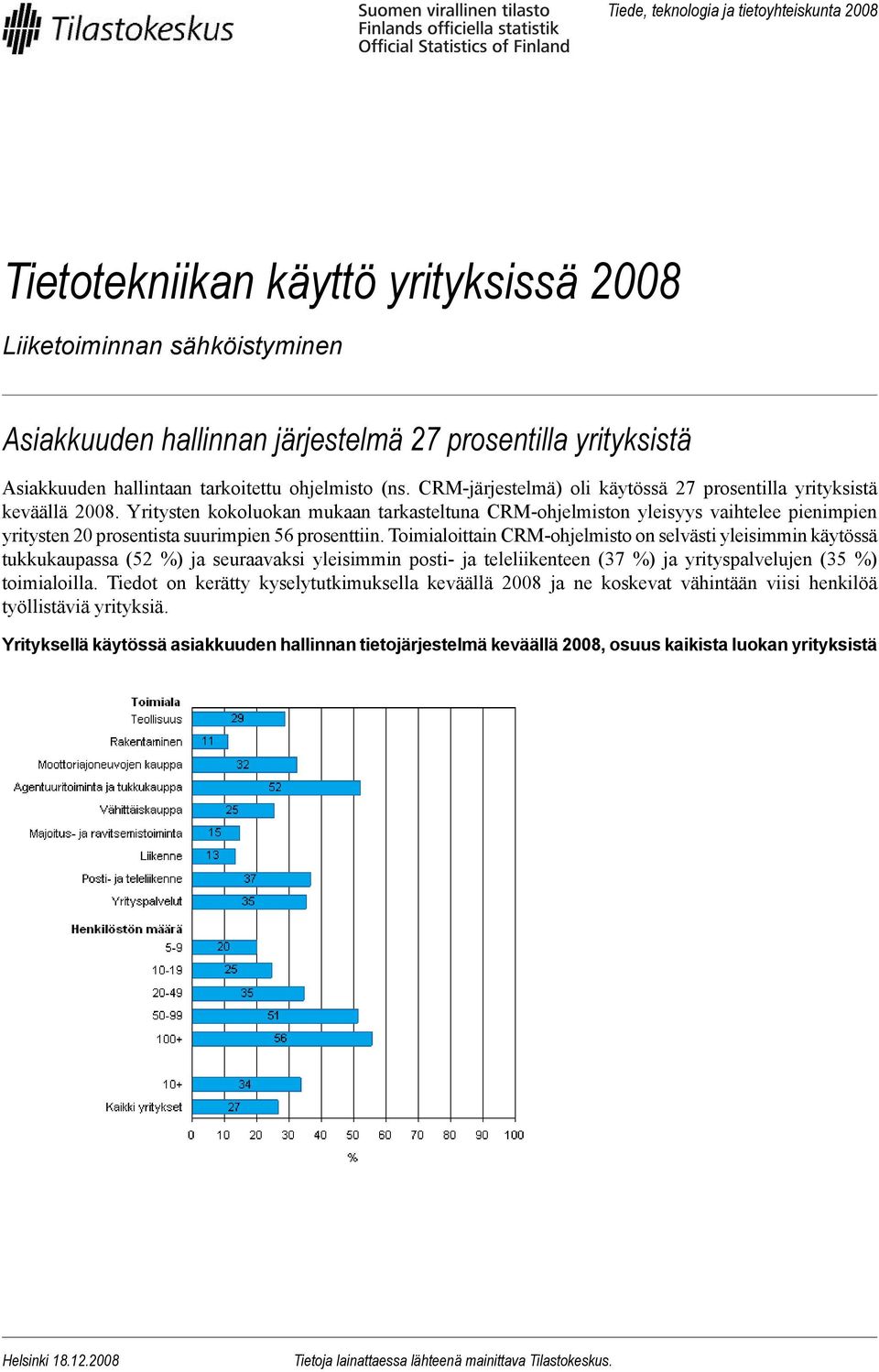 Yritysten kokoluokan mukaan tarkasteltuna CRM-ohjelmiston yleisyys vaihtelee pienimpien yritysten 20 prosentista suurimpien 56 prosenttiin.