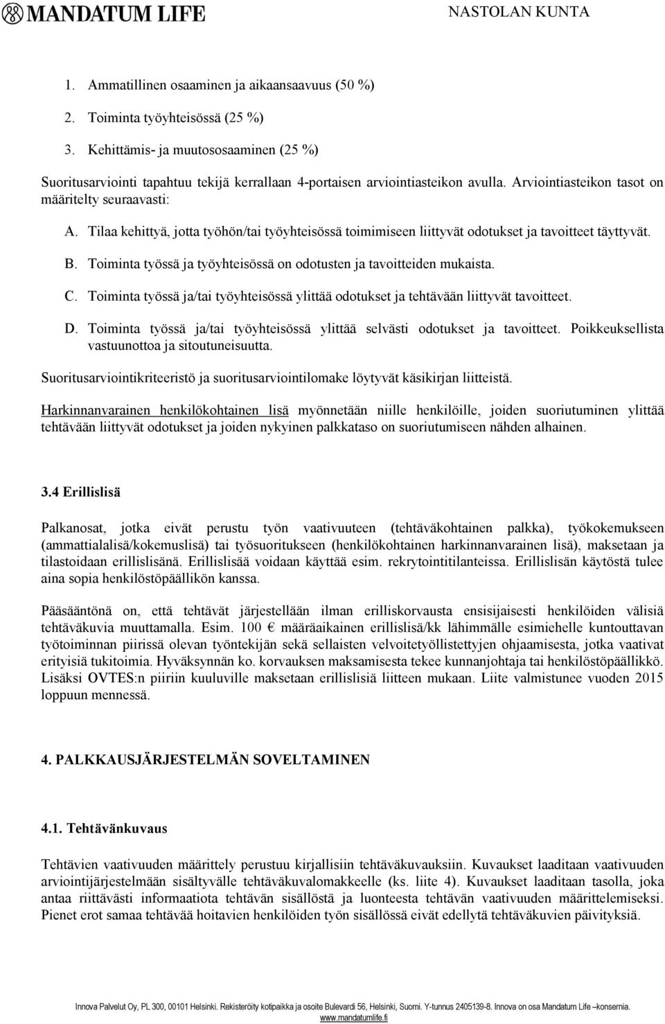 Tilaa kehittyä, jotta työhön/tai työyhteisössä toimimiseen liittyvät odotukset ja tavoitteet täyttyvät. B. Toiminta työssä ja työyhteisössä on odotusten ja tavoitteiden mukaista. C.