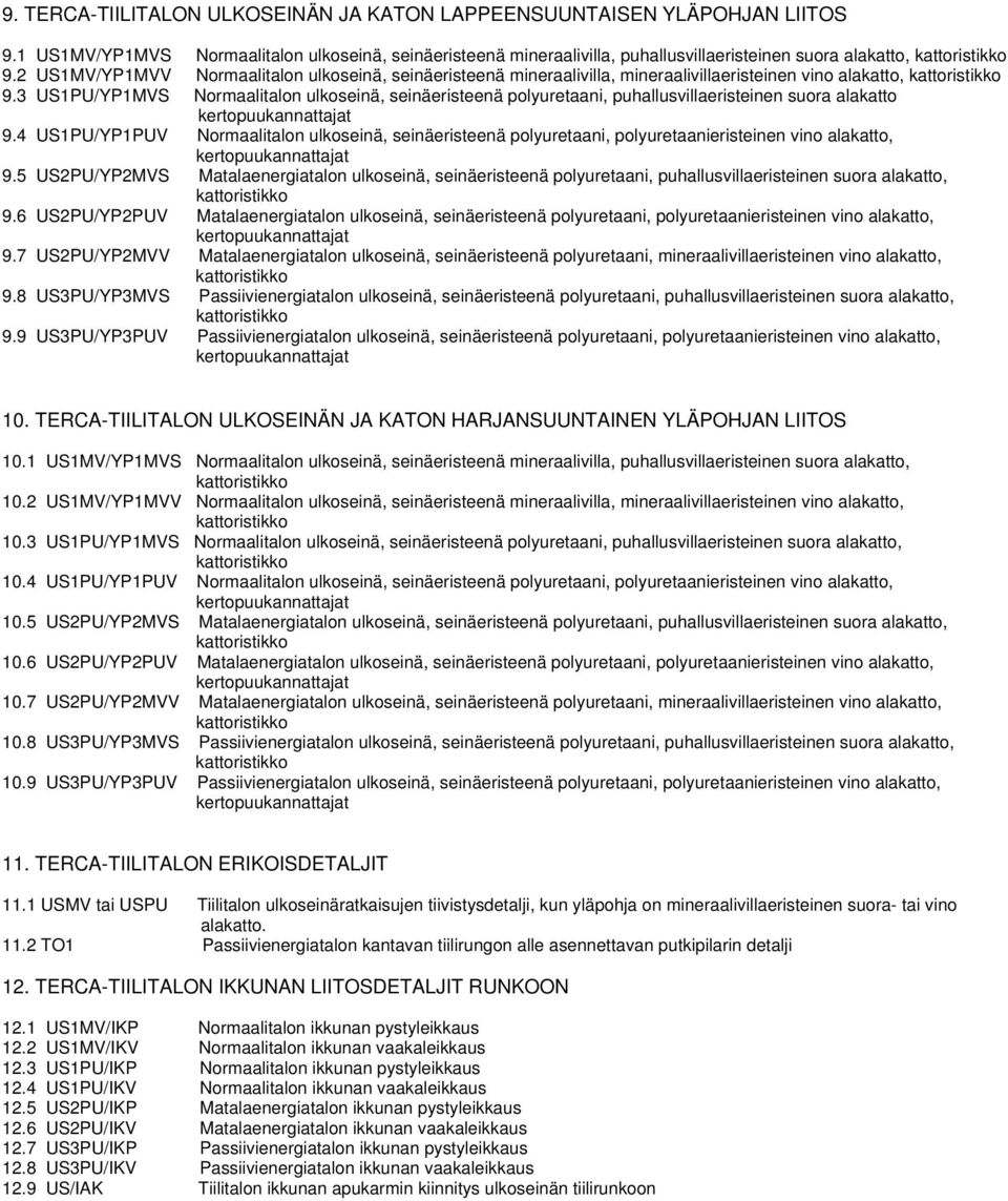 2 US1MV/YP1MVV Normaalitalon ulkoseinä, seinäeristeenä mineraalivilla, mineraalivillaeristeinen vino alakatto, kattoristikko 9.