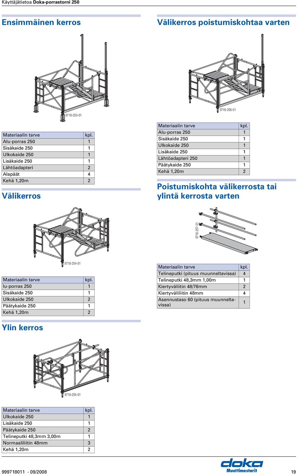 lu-porras 250 1 Sisäkaide 250 1 Ulkokaide 250 1 Lisäkaide 250 1 Lähtöadapteri 250 1 Päätykaide 250 1 Kehä 1,20m 2 Poistumiskohta välikerrosta tai ylintä kerrosta varten 9718-257-01 9718-254-01