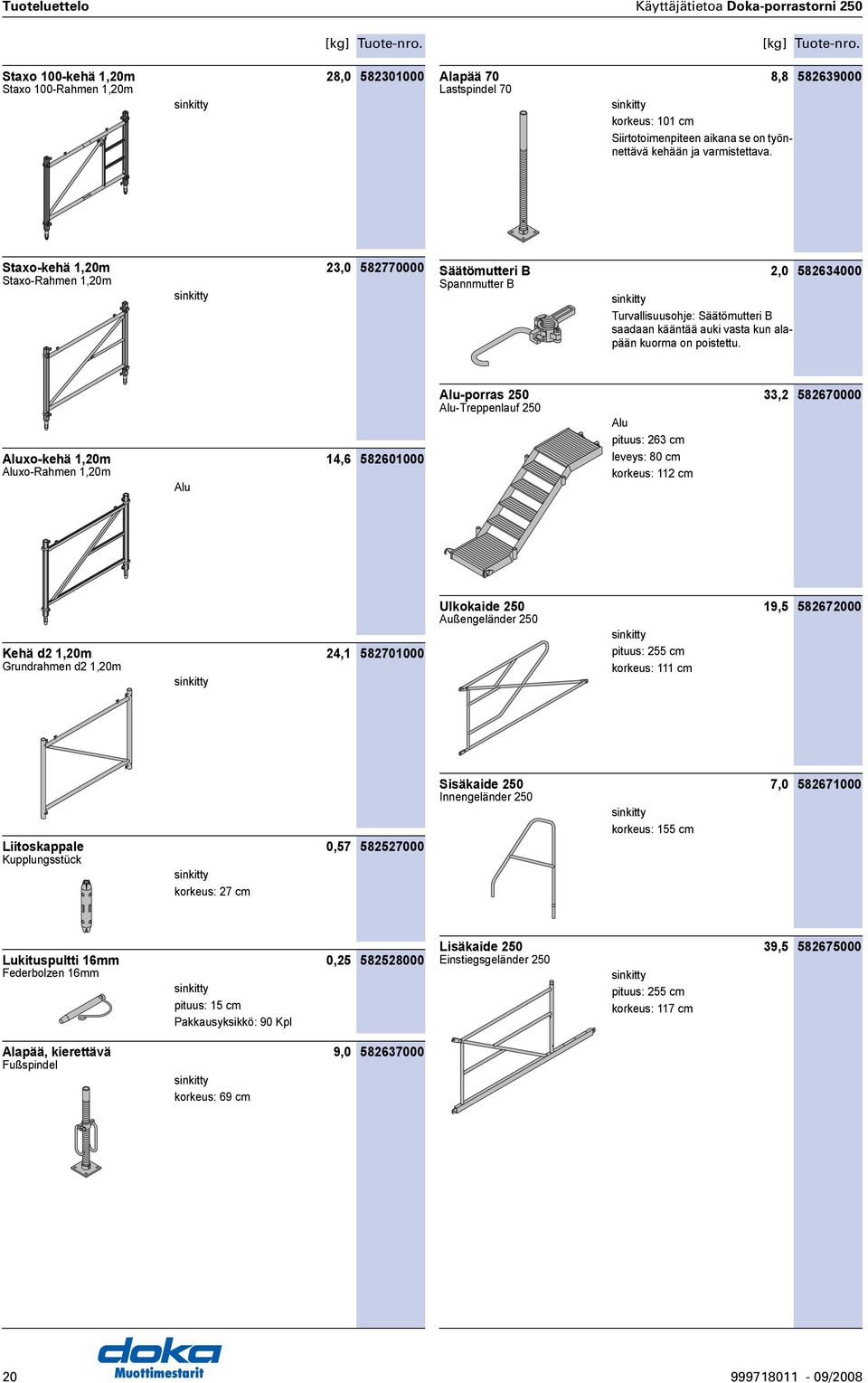 Doka-Tukitornit Porrastorni 250 Staxo 100-kehä 1,20m 28,0 582301000 Staxo 100-Rahmen 1,20m lapää 70 8,8 582639000 Lastspindel 70 korkeus: 101 cm Siirtotoimenpiteen aikana se on työnnettävä kehään ja
