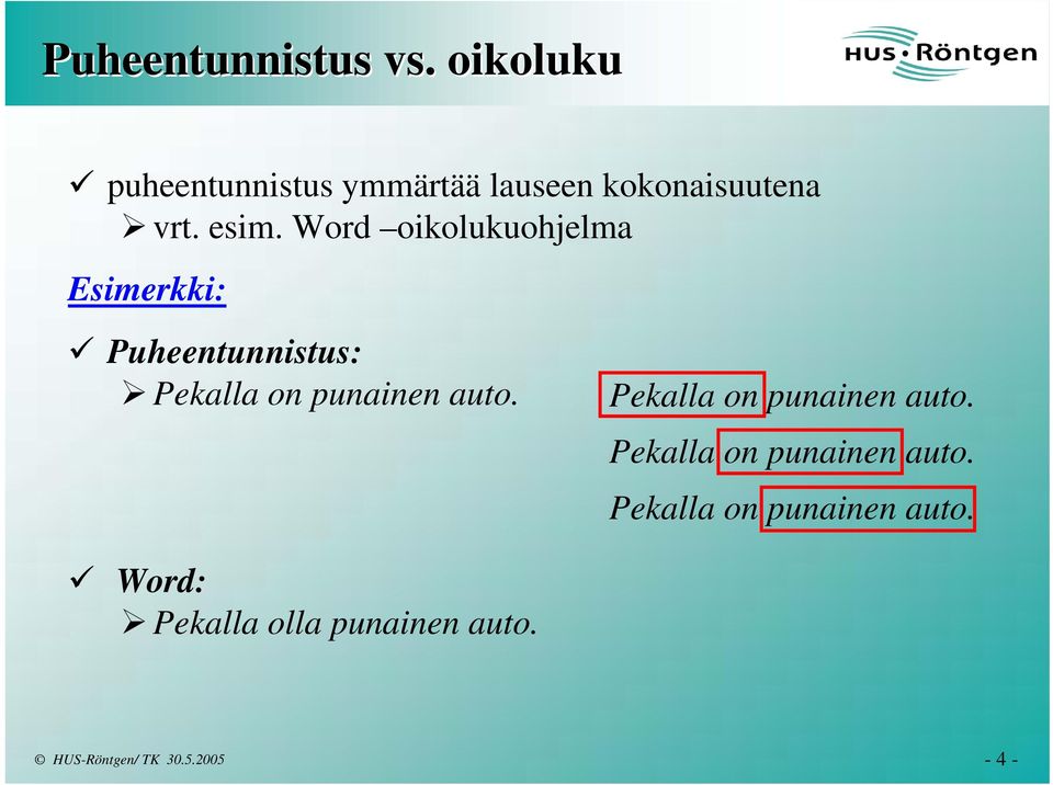 Word oikolukuohjelma Esimerkki: Puheentunnistus: Pekalla on punainen