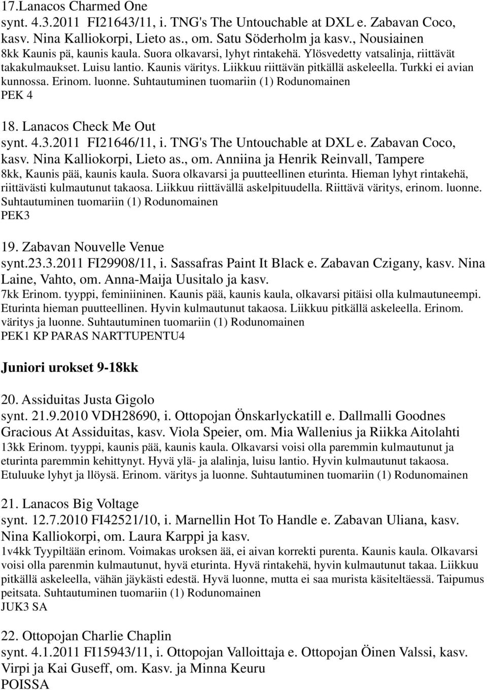 Turkki ei avian kunnossa. Erinom. luonne. Suhtautuminen tuomariin (1) PEK 4 18. Lanacos Check Me Out synt. 4.3.2011 FI21646/11, i. TNG's The Untouchable at DXL e. Zabavan Coco, kasv.