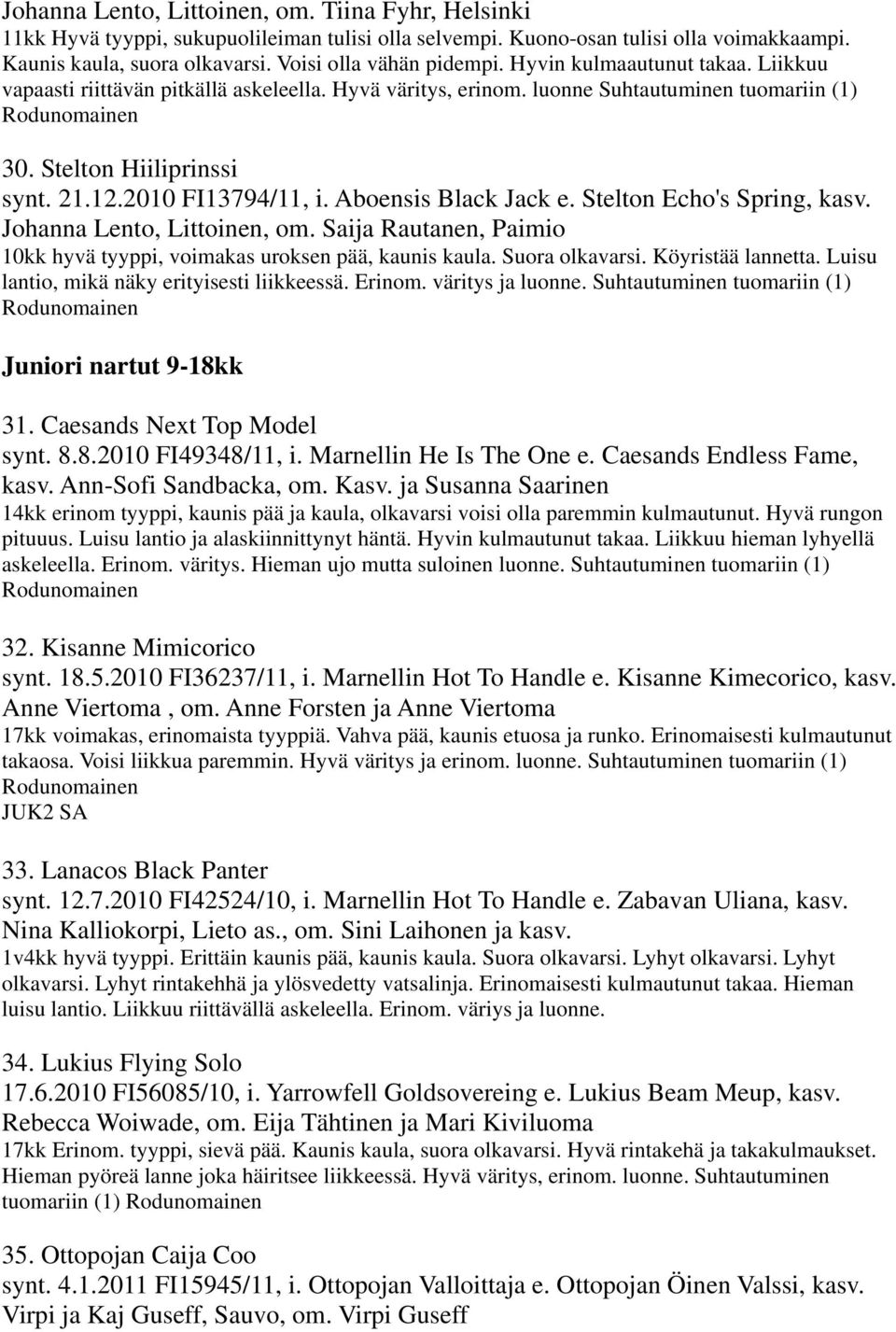 Aboensis Black Jack e. Stelton Echo's Spring, kasv. Johanna Lento, Littoinen, om. Saija Rautanen, Paimio 10kk hyvä tyyppi, voimakas uroksen pää, kaunis kaula. Suora olkavarsi. Köyristää lannetta.