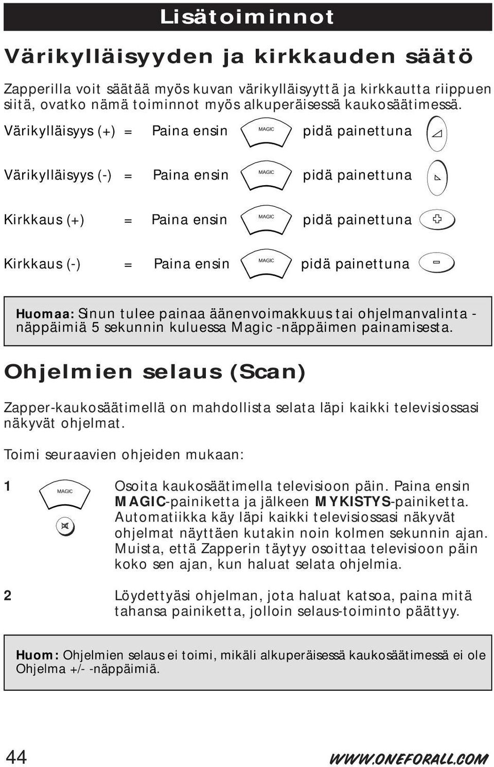 tulee painaa äänenvoimakkuus tai ohjelmanvalinta - näppäimiä 5 sekunnin kuluessa Magic -näppäimen painamisesta.