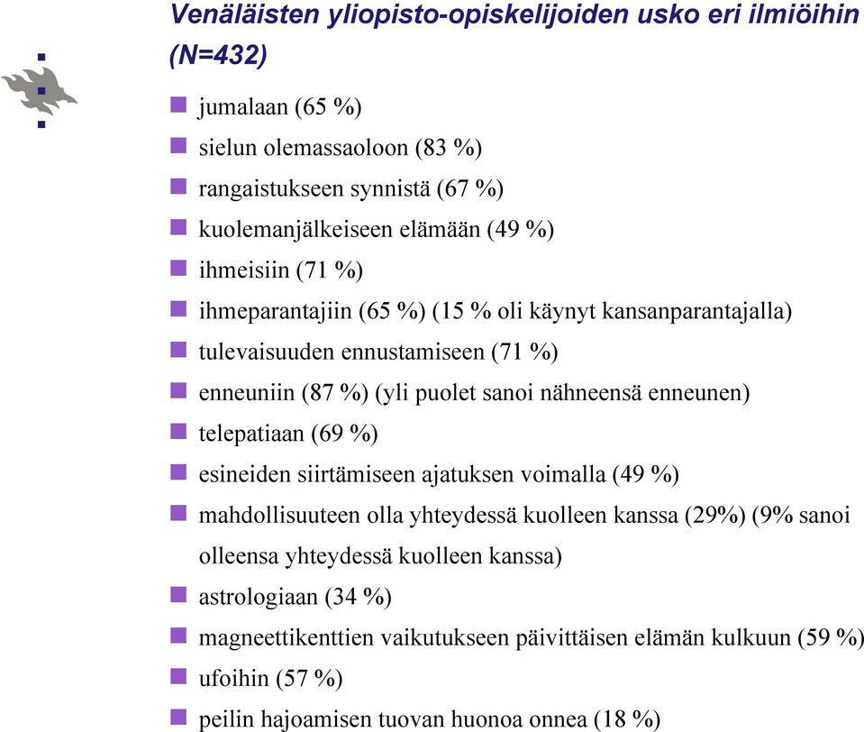 nähneensä enneunen) telepatiaan (69 %) esineiden siirtämiseen ajatuksen voimalla (49 %) mahdollisuuteen olla yhteydessä kuolleen kanssa (29%) (9% sanoi olleensa