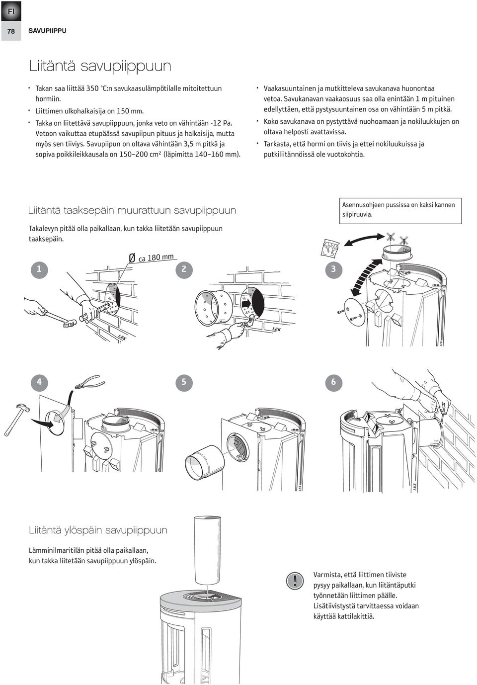 Savupiipun on oltava vähintään 3,5 m pitkä ja sopiva poikkileikkausala on 150 200 cm² (läpimitta 140 160 mm). Vaakasuuntainen ja mutkitteleva savukanava huonontaa vetoa.