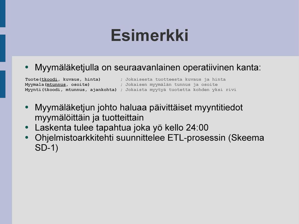 ajankohta) ; Jokaista myytyä tuotetta kohden yksi rivi Myymäläketjun johto haluaa päivittäiset myyntitiedot