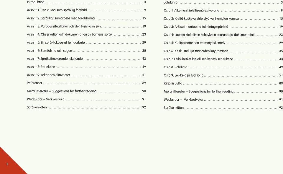 .. 43 Avsnitt 8: Reflektion... 49 Avsnitt 9: Lekar och aktiviteter... 51 Referenser...89 Mera litteratur Suggestions for further reading... 90 Webbsidor Verkkosivuja... 91 Språkenkäten...92 Johdanto.