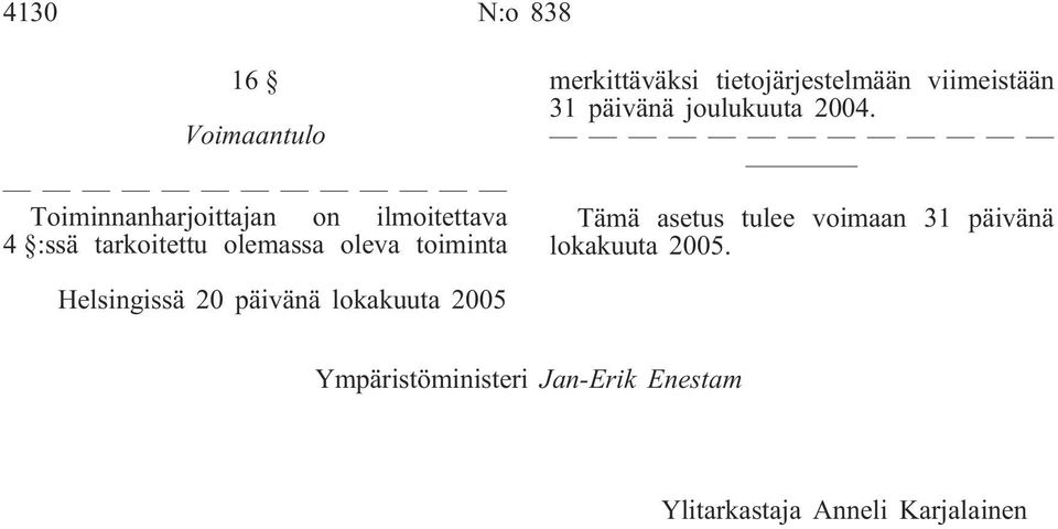 joulukuuta 2004. Tämä asetus tulee voimaan 31 päivänä lokakuuta 2005.