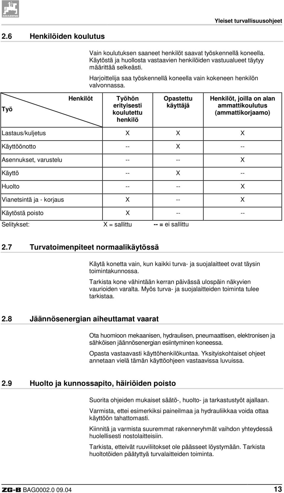 Työ Henkilöt Työhön erityisesti koulutettu henkilö Opastettu käyttäjä Henkilöt, joilla on alan ammattikoulutus (ammattikorjaamo) Lastaus/kuljetus X X X Käyttöönotto -- X -- Asennukset, varustelu --