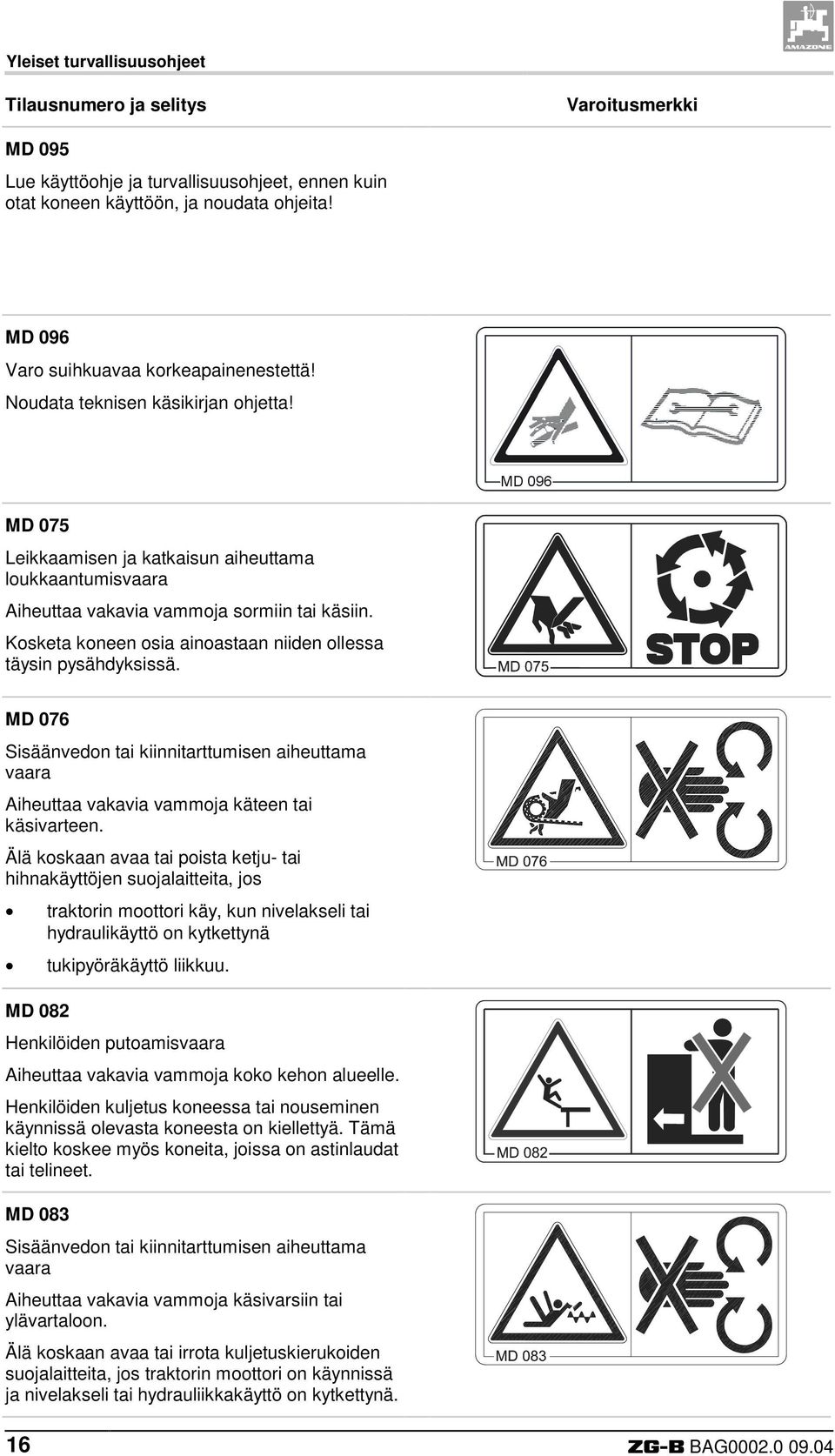 Kosketa koneen osia ainoastaan niiden ollessa täysin pysähdyksissä. MD 076 Sisäänvedon tai kiinnitarttumisen aiheuttama vaara Aiheuttaa vakavia vammoja käteen tai käsivarteen.