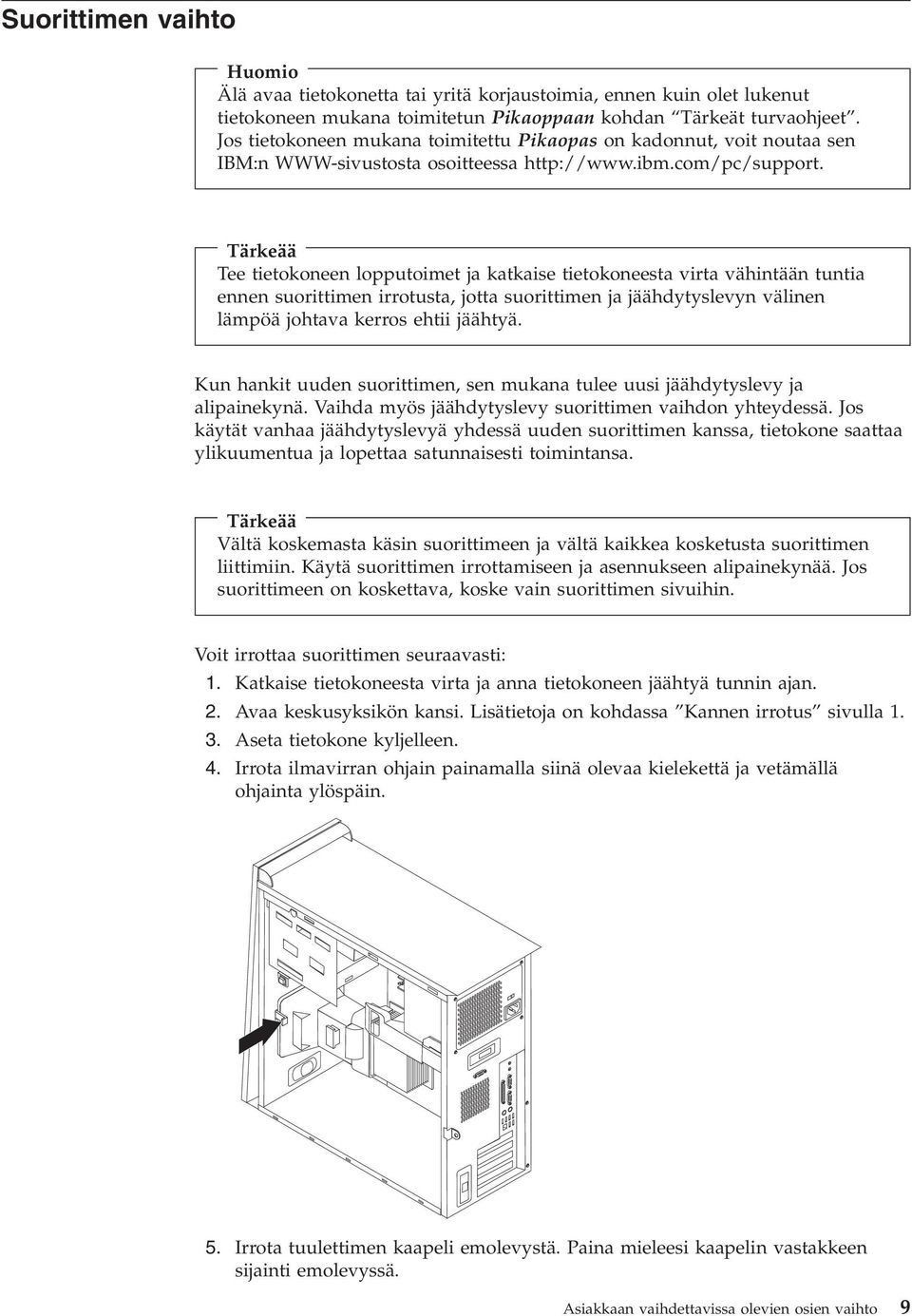 Tärkeää Tee tietokoneen lopputoimet ja katkaise tietokoneesta irta ähintään tuntia ennen suorittimen irrotusta, jotta suorittimen ja jäähdytysleyn älinen lämpöä johtaa kerros ehtii jäähtyä.