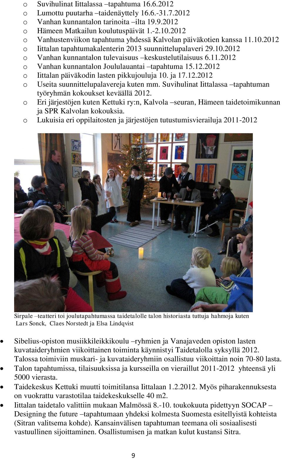 11.2012 o Vanhan kunnantalon Joululauantai tapahtuma 15.12.2012 o Iittalan päiväkodin lasten pikkujouluja 10. ja 17.12.2012 o Useita suunnittelupalavereja kuten mm.