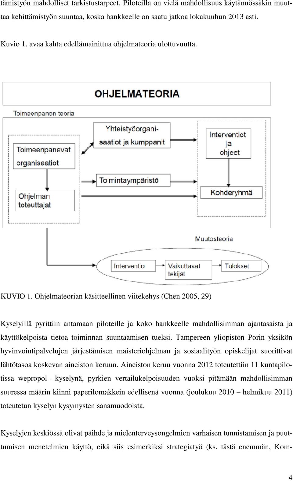 Ohjelmateorian käsitteellinen viitekehys (Chen 2005, 29) Kyselyillä pyrittiin antamaan piloteille ja koko hankkeelle mahdollisimman ajantasaista ja käyttökelpoista tietoa toiminnan suuntaamisen