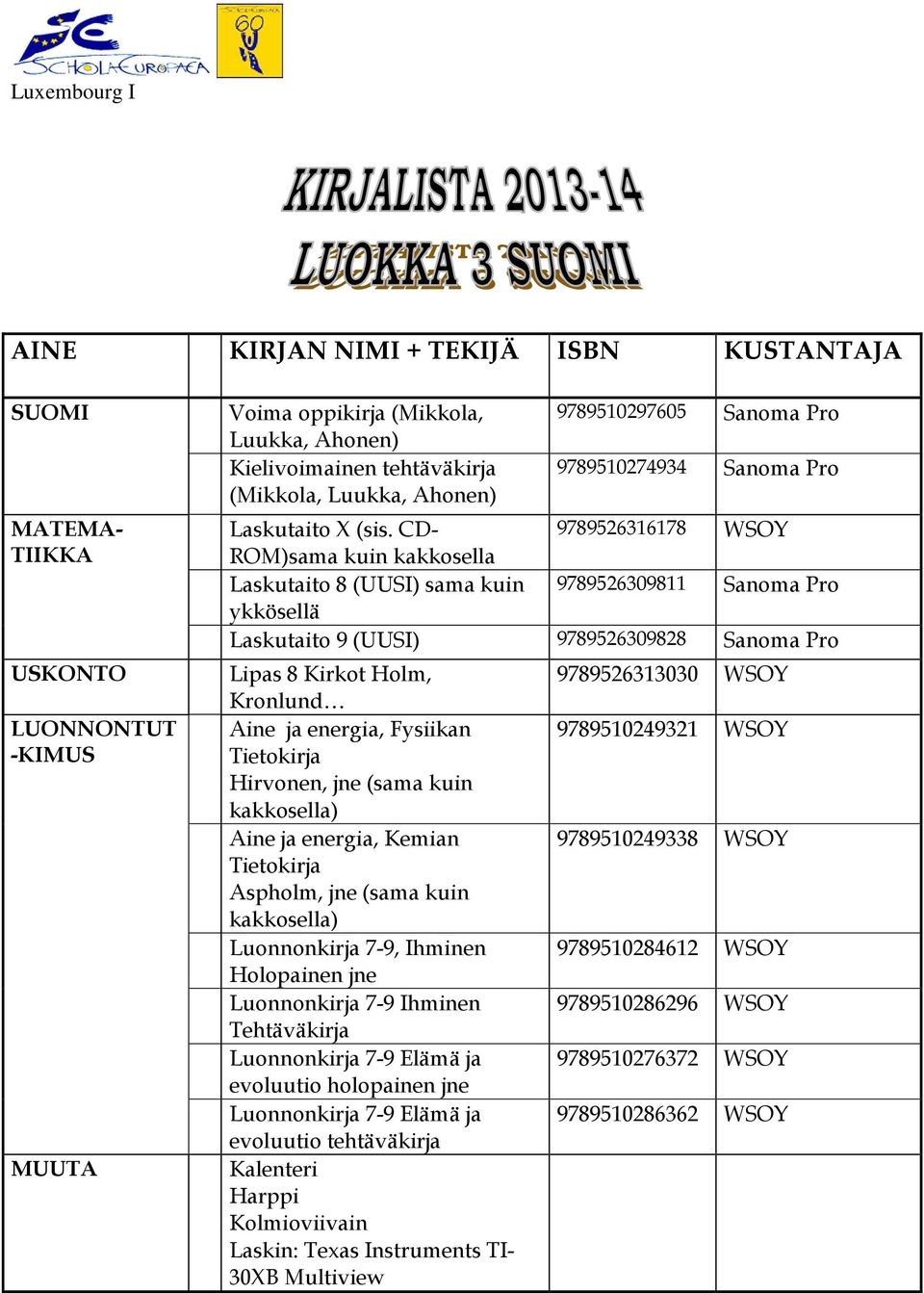 CD- 9789526316178 ROM)sama kuin kakkosella Laskutaito 8 (UUSI) sama kuin 9789526309811 Sanoma Pro ykkösellä Laskutaito 9 (UUSI) 9789526309828 Sanoma Pro Lipas 8 Kirkot Holm, 9789526313030 Kronlund