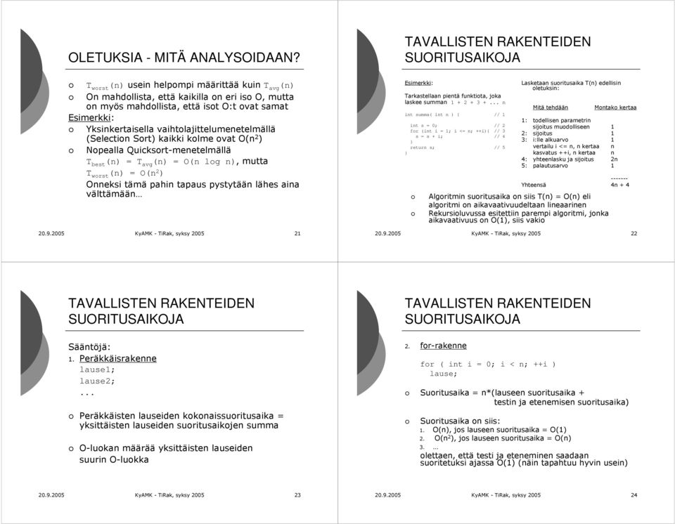 vaihtolajittelumenetelmällä (Selection Sort) kaikki kolme ovat O(n 2 ) Nopealla Quicksort-menetelmällä T best (n) = T avg (n) = O(n log n), mutta T worst (n) = O(n 2 ) Onneksi tämä pahin tapaus