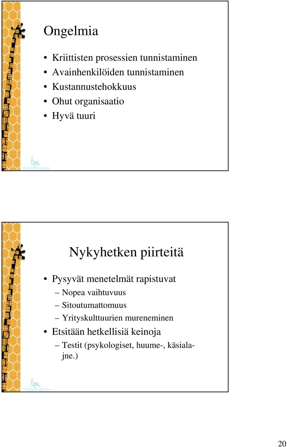 menetelmät rapistuvat Nopea vaihtuvuus Sitoutumattomuus Yrityskulttuurien