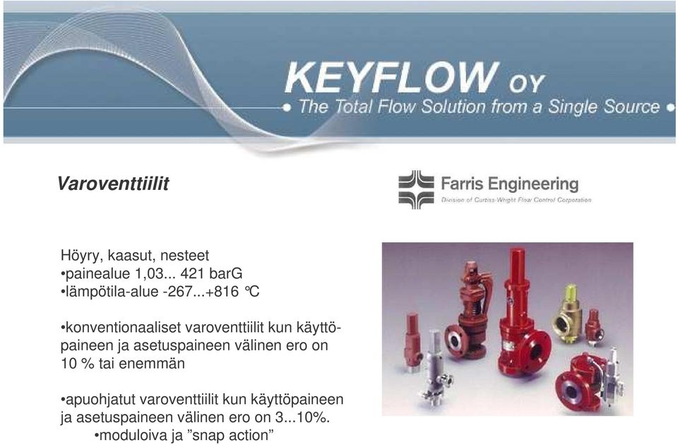 ..+816 C konventionaaliset varoventtiilit kun käyttöpaineen ja