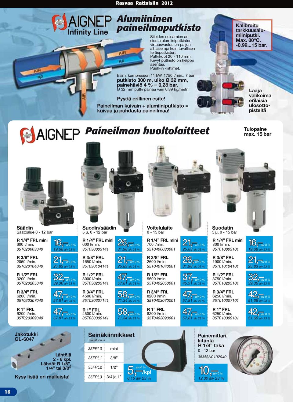 Pyydä erillinen esite! Paineilman kuivain + alumiiniputkisto = kuivaa ja puhdasta paineilmaa! Paineilman huoltolaitteet Kalibroitu tarkkuusalumiiniputki. Max. 80 C. -0,99...15 bar.
