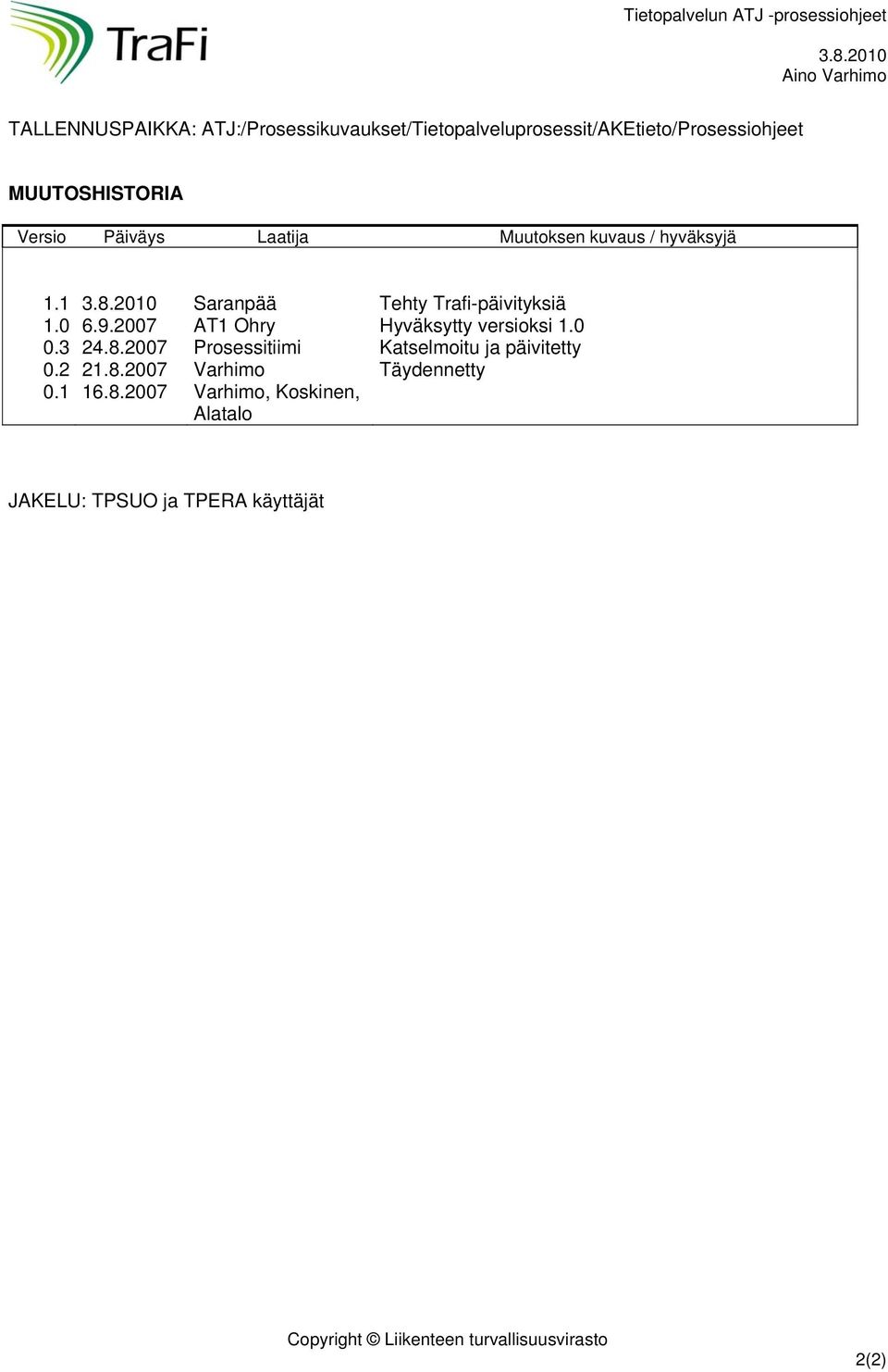 2007 AT1 Ohry Hyväksytty versioksi 1.0 0.3 24.8.2007 Prosessitiimi Katselmoitu ja päivitetty 0.2 21.