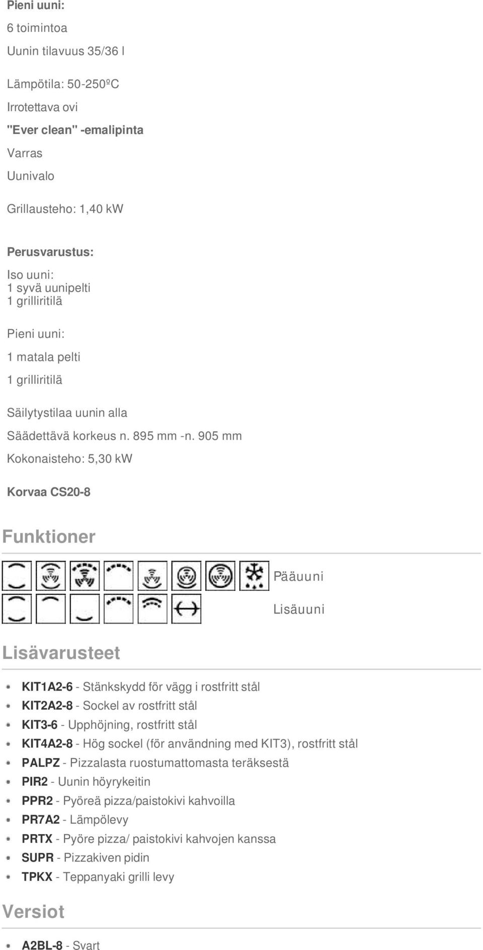 905 mm Kokonaisteho: 5,30 kw Korvaa CS20-8 Funktioner Pääuuni Lisäuuni Lisävarusteet KIT1A2-6 - Stänkskydd för vägg i rostfritt stål KIT2A2-8 - Sockel av rostfritt stål KIT3-6 - Upphöjning, rostfritt