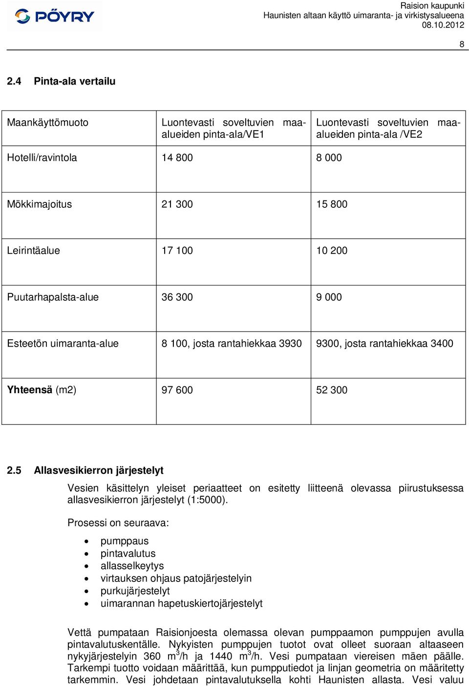 5 Allasvesikierron järjestelyt Vesien käsittelyn yleiset periaatteet on esitetty liitteenä olevassa piirustuksessa allasvesikierron järjestelyt (1:5000).