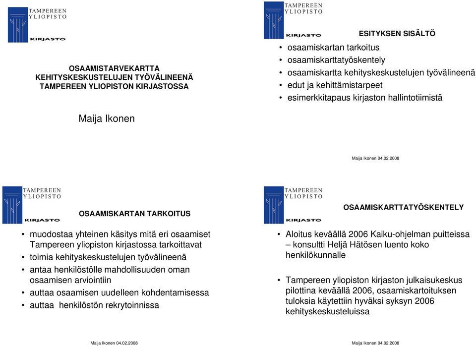 työvälineenä antaa henkilöstölle mahdollisuuden oman osaamisen arviointiin auttaa osaamisen uudelleen kohdentamisessa auttaa henkilöstön rekrytoinnissa TYÖSKENTELY Aloitus keväällä 6 Kaiku-ohjelman