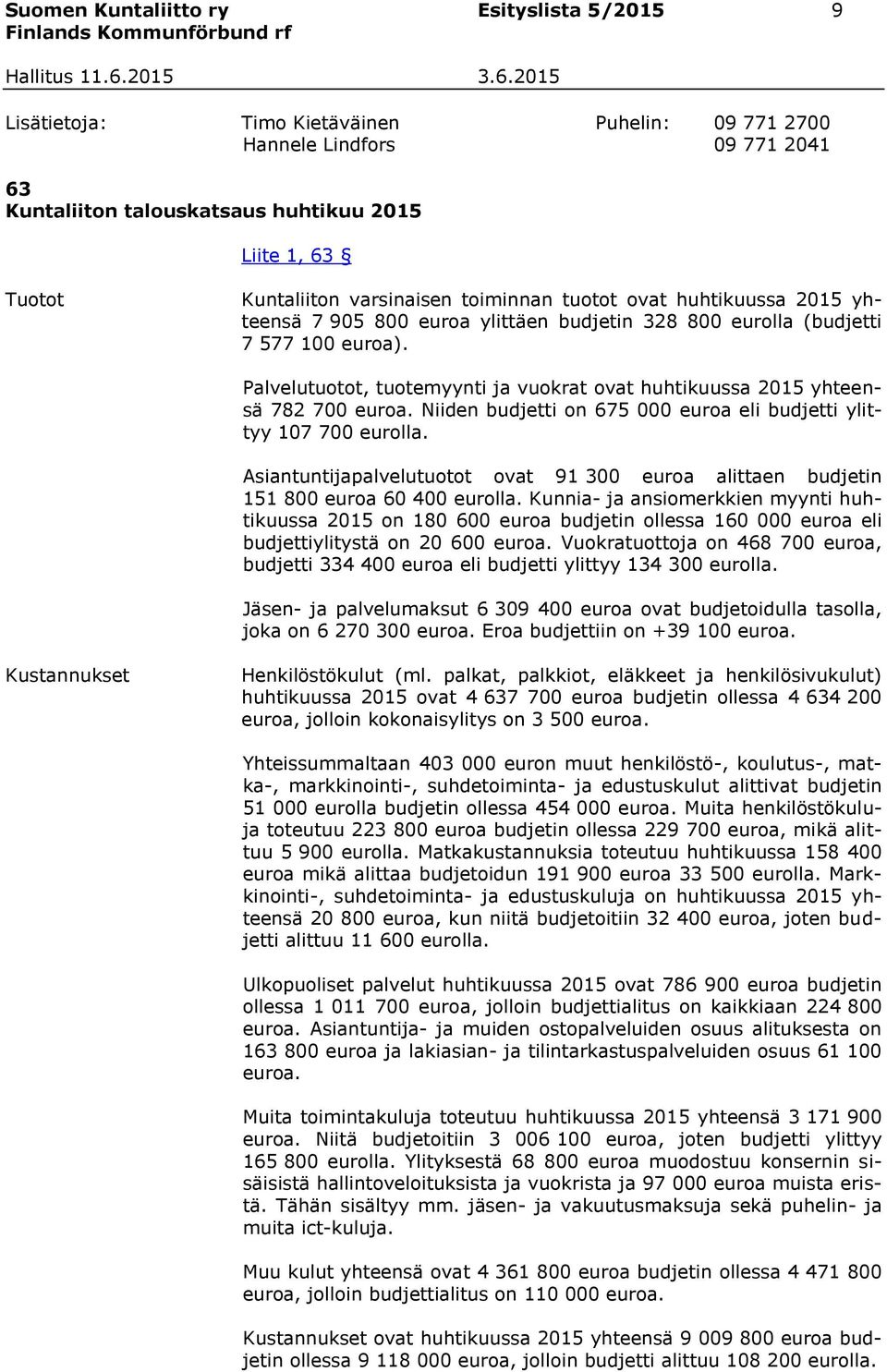 Palvelutuotot, tuotemyynti ja vuokrat ovat huhtikuussa 2015 yhteensä 782 700 euroa. Niiden budjetti on 675 000 euroa eli budjetti ylittyy 107 700 eurolla.