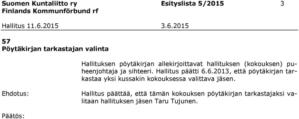 Hallitus päätti 6.6.2013, että pöytäkirjan tarkastaa yksi kussakin kokouksessa valittava jäsen.