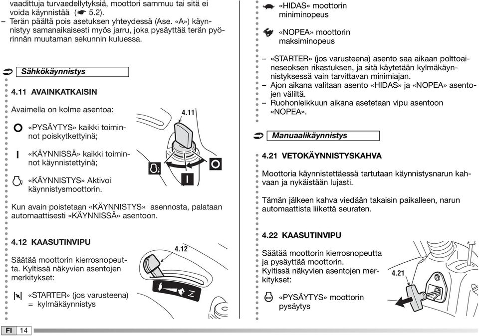 AVAINKATKAISIN Avaimella on kolme asentoa: «PYSÄYTYS» kaikki toiminnot poiskytkettyinä; 4.