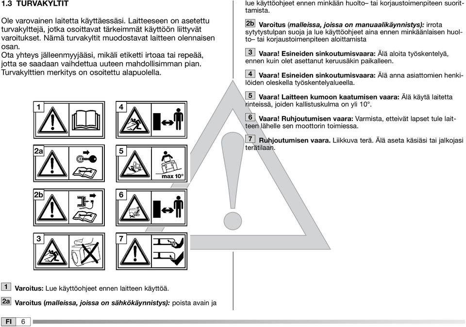 Turvakylttien merkitys on osoitettu alapuolella. 4 2a 5 lue käyttöohjeet ennen minkään huolto tai korjaustoimenpiteen suorittamista.