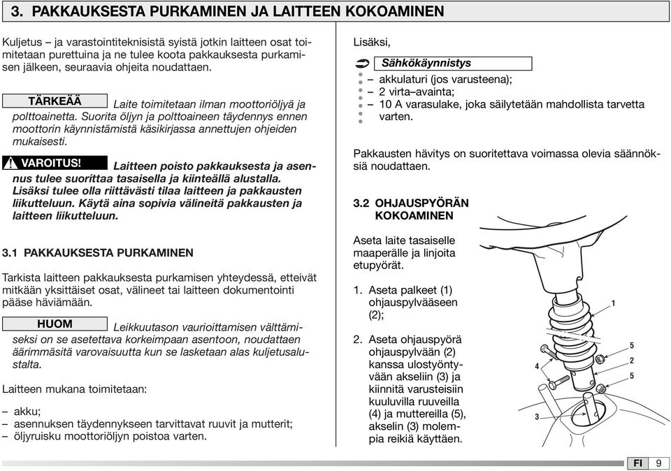 VAROITUS! Laitteen poisto pakkauksesta ja asennus tulee suorittaa tasaisella ja kiinteällä alustalla. Lisäksi tulee olla riittävästi tilaa laitteen ja pakkausten liikutteluun.