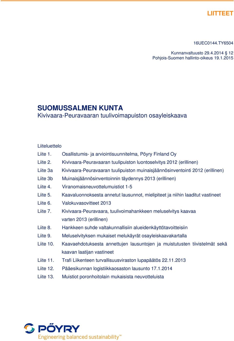 Kivivaara-Peuravaaran tuulipuiston luontoselvitys 2012 (erillinen) Liite 3a Kivivaara-Peuravaaran tuulipuiston muinaisjäännösinventointi 2012 (erillinen) Liite 3b Muinaisjäännösinventoinnin täydennys