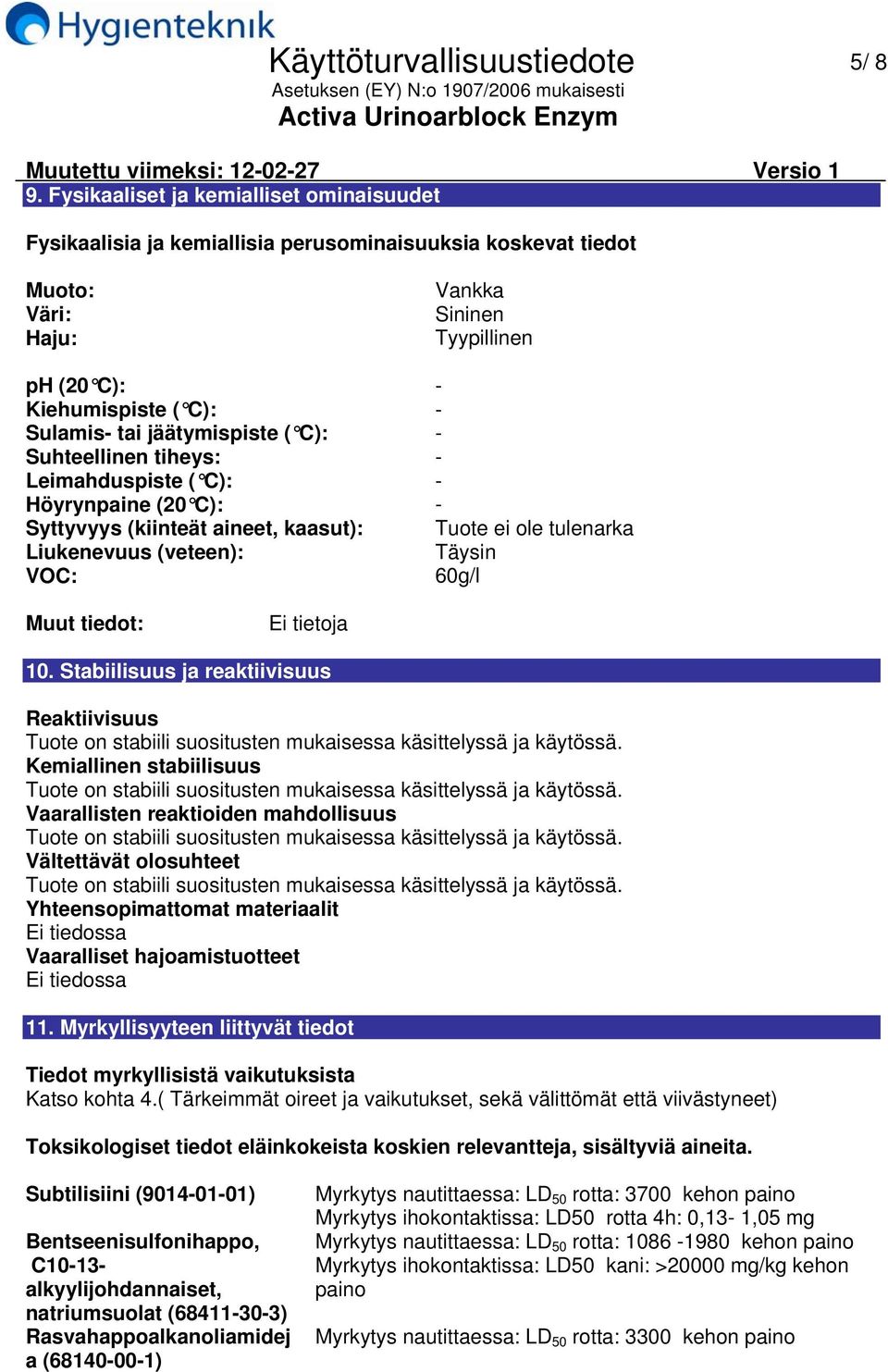 jäätymispiste ( C): Suhteellinen tiheys: Leimahduspiste ( C): Höyrynpaine (20 C): Syttyvyys (kiinteät aineet, kaasut): Tuote ei ole tulenarka Liukenevuus (veteen): Täysin VOC: 60g/l Muut tiedot: Ei