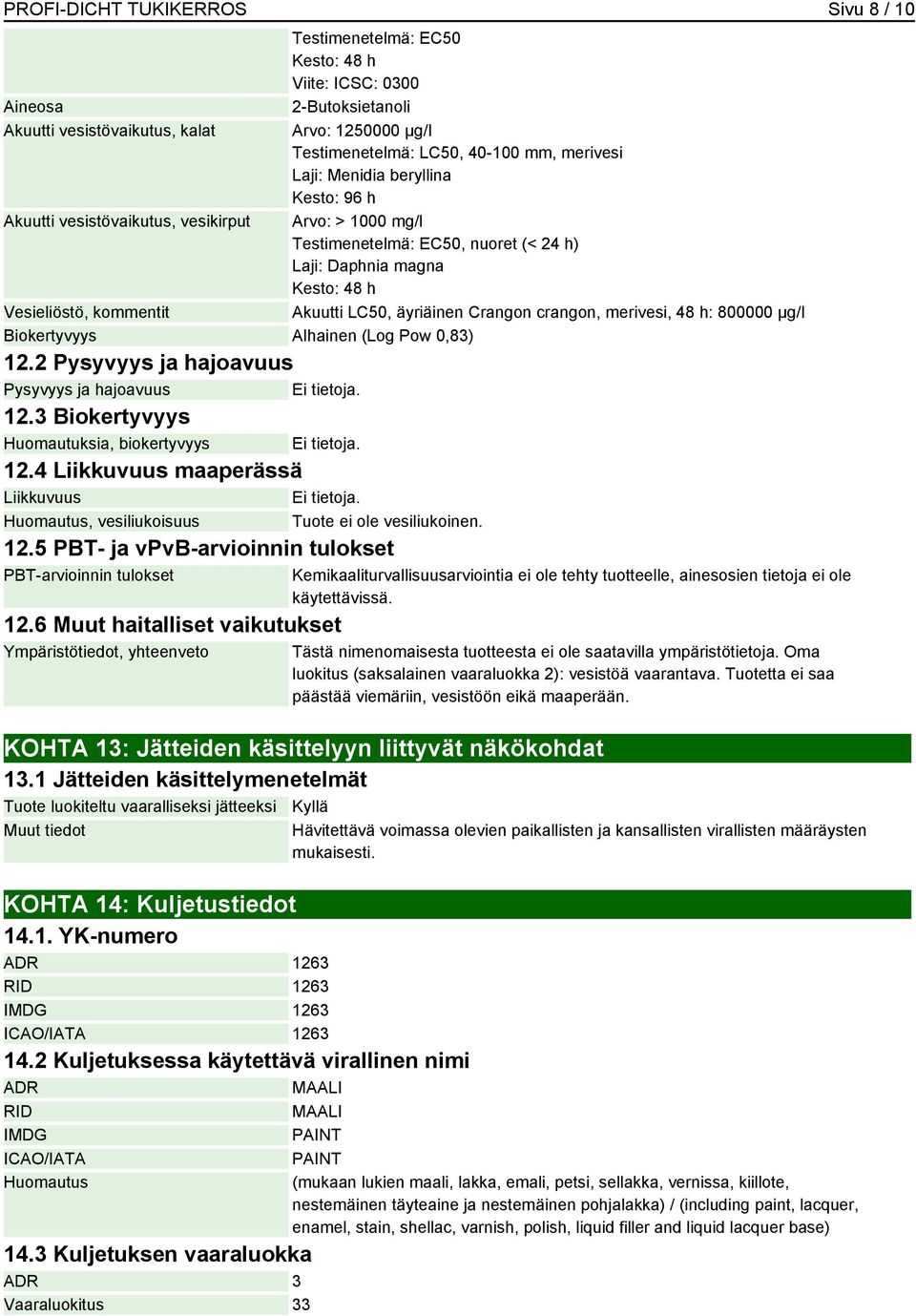 äyriäinen Crangon crangon, merivesi, 48 h: 800000 µg/l Biokertyvyys Alhainen (Log Pow 0,83) 12.2 Pysyvyys ja hajoavuus Pysyvyys ja hajoavuus Ei tietoja. 12.3 Biokertyvyys Huomautuksia, biokertyvyys Ei tietoja.